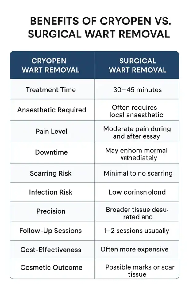 Table showing the benefits of cryopen to remove warts Bedfordshire compared to surgical treatment